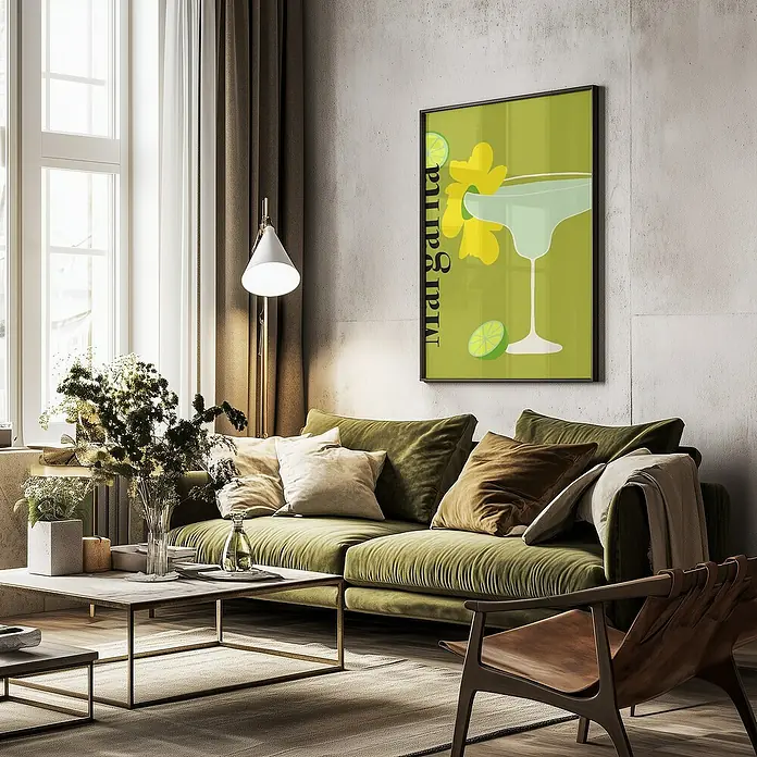 Papermoon Bild - Margarita, B x H: 80 x 110 cm, Ohne Passepartout, Rahmen Schwarz - Poster mit einem grünen Margarita-Cocktail, umrahmt in Schwarz, hängt an einer grauen Wand über einem olivgrünen Sofa.