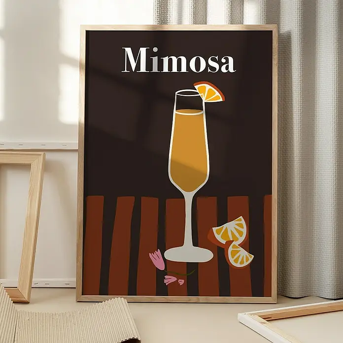 Papermoon Bild - Mimosa, B x H: 60 x 80 cm, Mit Passepartout, Rahmen Eiche - Ein gerahmtes Mimosa-Wandkunst-Poster mit einem stilisierten Mimosa-Cocktail, perfekt für die Küchendekoration.