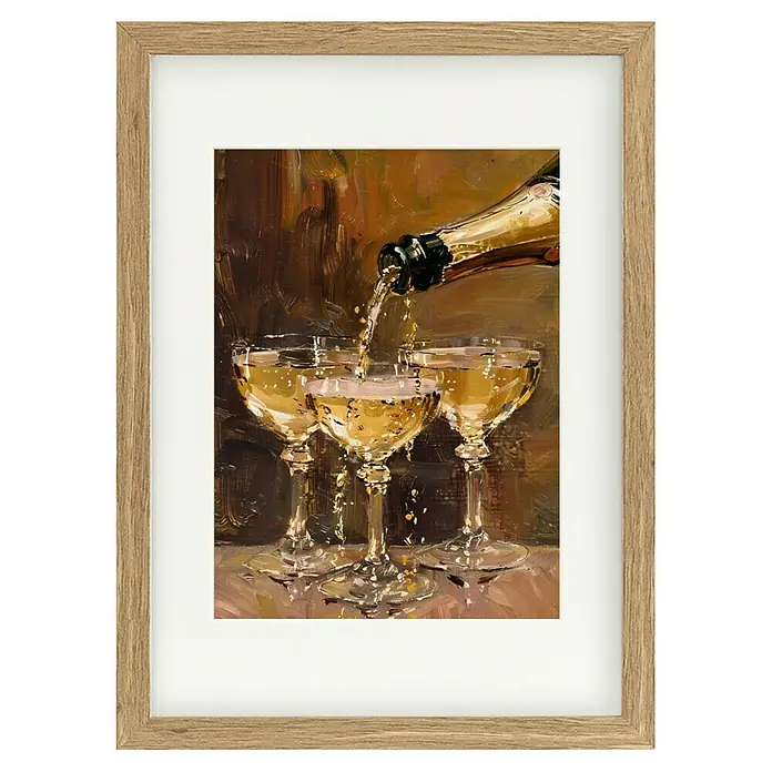 Papermoon Bild - Vintage Champagne, B x H: 60 x 80 cm, Mit Passepartout, Rahmen Eiche - Gerahmtes Bild mit einer Malerei von Champagner, der in drei Gläser eingeschenkt wird, mit goldenen Akzenten.