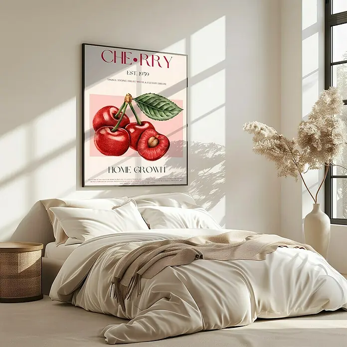 Papermoon Bild - Sweet Red Cherries, B x H: 70 x 100 cm, Mit Passepartout, Rahmen Eiche - Ein gerahmtes Kirschdruckposter mit dem Titel „Cherry“ hängt über einem stilvollen Bett mit weißer Bettwäsche und einem beigen Überwurf.