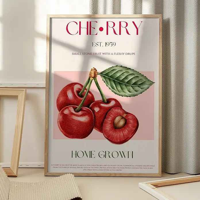 Papermoon Bild - Sweet Red Cherries, B x H: 70 x 100 cm, Mit Passepartout, Rahmen Eiche - Ein gerahmtes Kirschkunstdruck-Poster, das die Schönheit und den Reichtum der Kirschenernte feiert, fängt die Essenz von "Home Grown" ein.