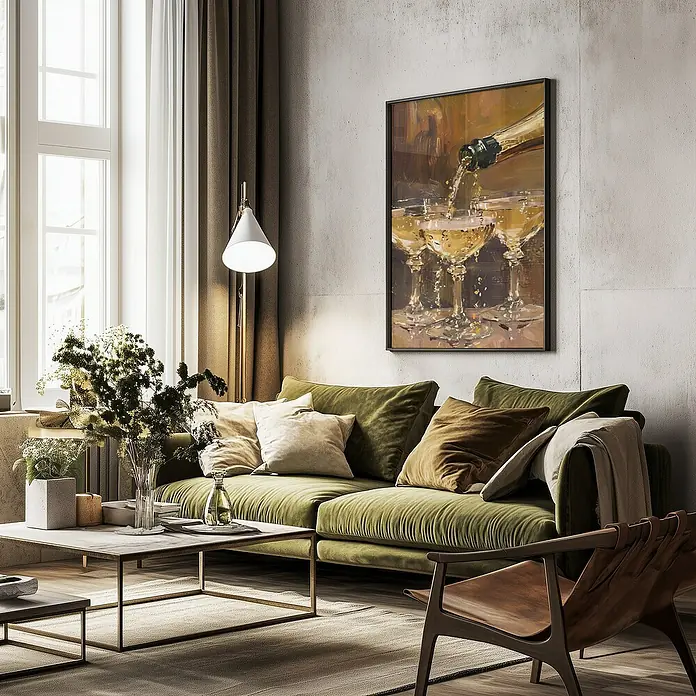Papermoon Bild - Vintage Champagne, B x H: 60 x 80 cm, Ohne Passepartout, Rahmen Schwarz - Das Bild zeigt ein stilvolles Wohnzimmer mit einem grünen Samtsofa, einem Couchtisch und einem Gemälde mit Champagnergläsern.