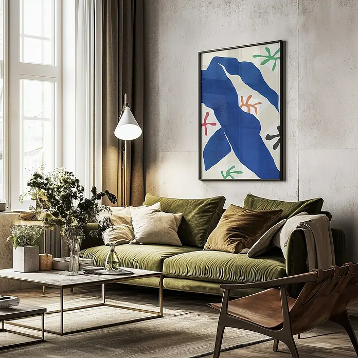 Papermoon Bild - Abstract Blue Figure, B x H: 60 x 80 cm, Ohne Passepartout, Rahmen Schwarz - Das Wohnzimmer verfügt über ein olivgrünes Sofa mit Zierkissen, einen Couchtisch und ein abstraktes Kunstwerk an der Wand, das dem Raum Farbe verleiht.