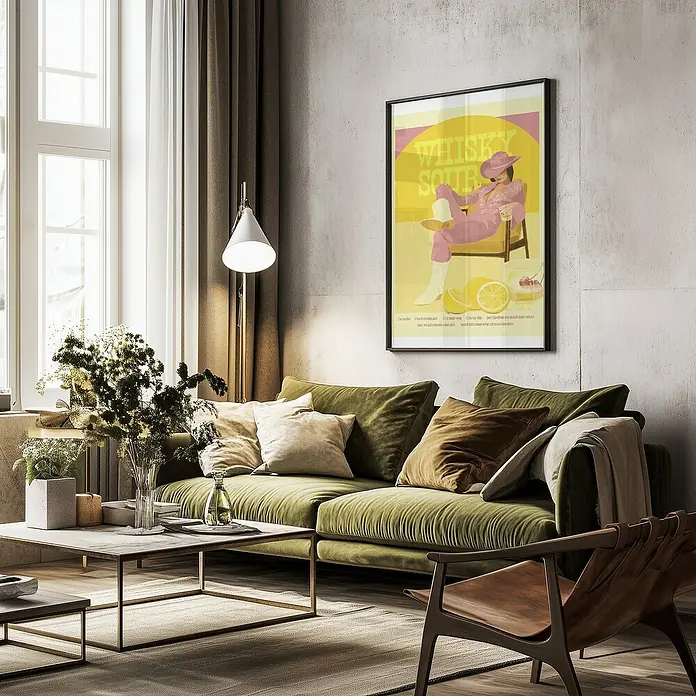 Papermoon Bild - Whisky Sour Pink Copy, B x H: 80 x 110 cm, Ohne Passepartout, Rahmen Schwarz - Das stilvolle Wohnzimmer verfügt über ein gerahmtes "Whiskey Sour" Poster, das über einem grünen Sofa hängt, und eine moderne Einrichtung.
