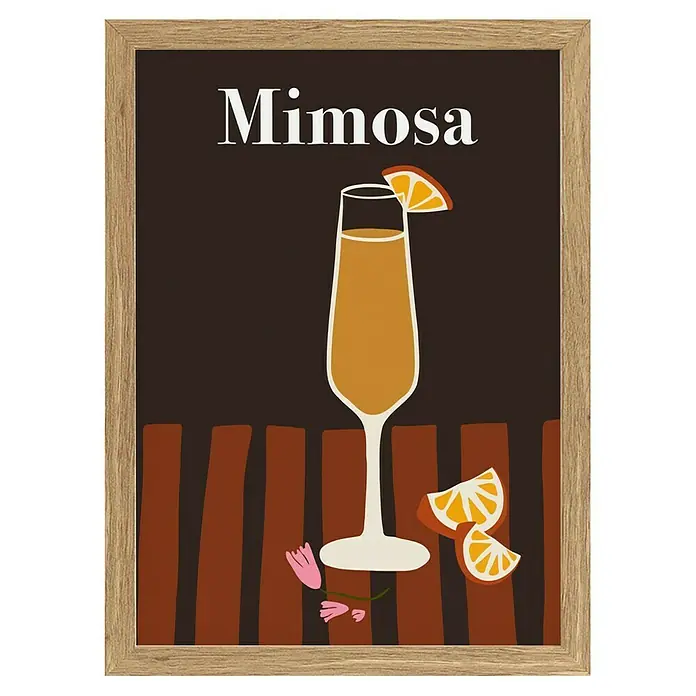 Papermoon Bild - Mimosa, B x H: 50 x 70 cm, Ohne Passepartout, Rahmen Eiche - Ein stilvolles Mimosa-Kunstwerk mit einem Champagnerglas, Orangenscheiben und floralen Elementen auf braunem Hintergrund, gerahmt in Holzoptik.