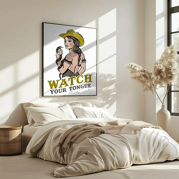 Papermoon Bild - Watch Your Tongue, B x H: 50 x 70 cm, Mit Passepartout, Rahmen Eiche - "Watch Your Tongue"-Poster in einem hellen Schlafzimmer über einem mit beiger Bettwäsche drapierten Bett für einen beruhigenden Touch.