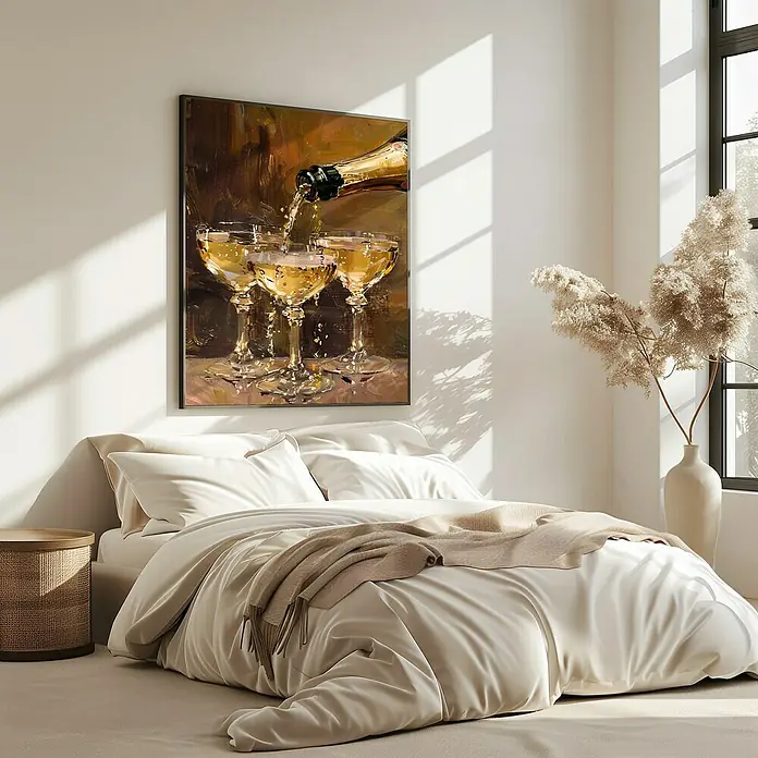 Papermoon Bild - Vintage Champagne, B x H: 50 x 70 cm, Ohne Passepartout, Rahmen Eiche - Ölgemälde „Champagnergläser“ über einem Bett mit weißer Bettwäsche. Ein Stillleben, das Eleganz und Feierlichkeit vermittelt.