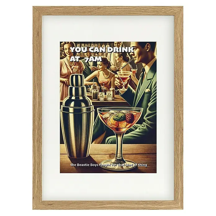 Papermoon Bild - You can Drink at 7 AM, B x H: 70 x 100 cm, Mit Passepartout, Rahmen Eiche - Gerahmtes Bild mit Cocktail-Motiv: "You can drink at 7 AM", stilvolles Bar-Flair für Wohnzimmer, Küche oder Bar.