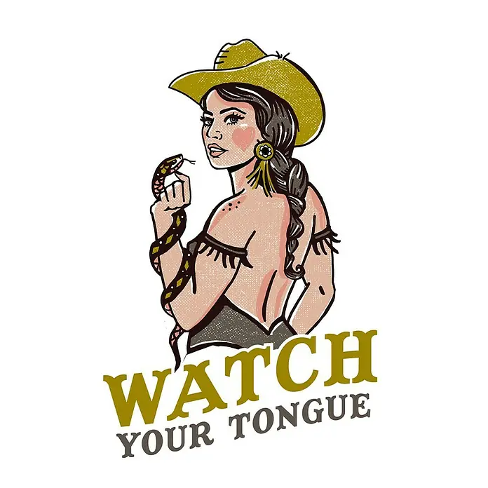 Papermoon Poster - Watch Your Tongue, B x H: 60 x 80 cm, Ohne Passepartout - Cowgirl mit Schlange und der Aufforderung "Watch Your Tongue", ein Poster im Vintage-Stil mit frechem Humor.