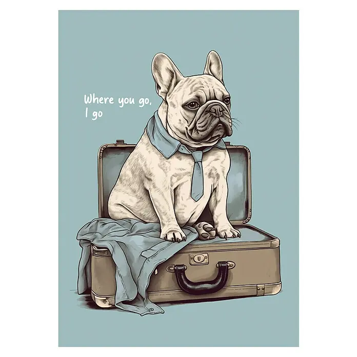 Papermoon Poster - Frenchie want Travel, B x H: 40 x 50 cm, Ohne Passepartout - Ein entzückender Französische Bulldogge sitzt in einem Vintage-Koffer, gekleidet in Hemd und Krawatte – ein charmanter Reisebegleiter.