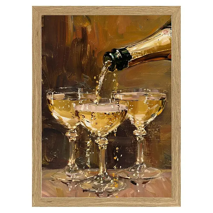 Papermoon Bild - Vintage Champagne, B x H: 50 x 70 cm, Ohne Passepartout, Rahmen Eiche - Ölgemälde-Druck: Champagner wird in drei Gläser gegossen, gerahmt in einem hellen Holzton. Perfekt für Feierlichkeiten!
