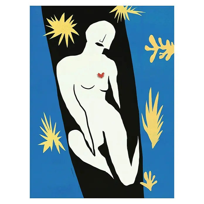 Papermoon Poster - Abstract Figure, B x H: 60 x 80 cm, Ohne Passepartout - Kunstwerk mit einer weißen, stilisierten menschlichen Figur vor blauem und schwarzem Hintergrund, akzentuiert durch gelbe und rote Details.