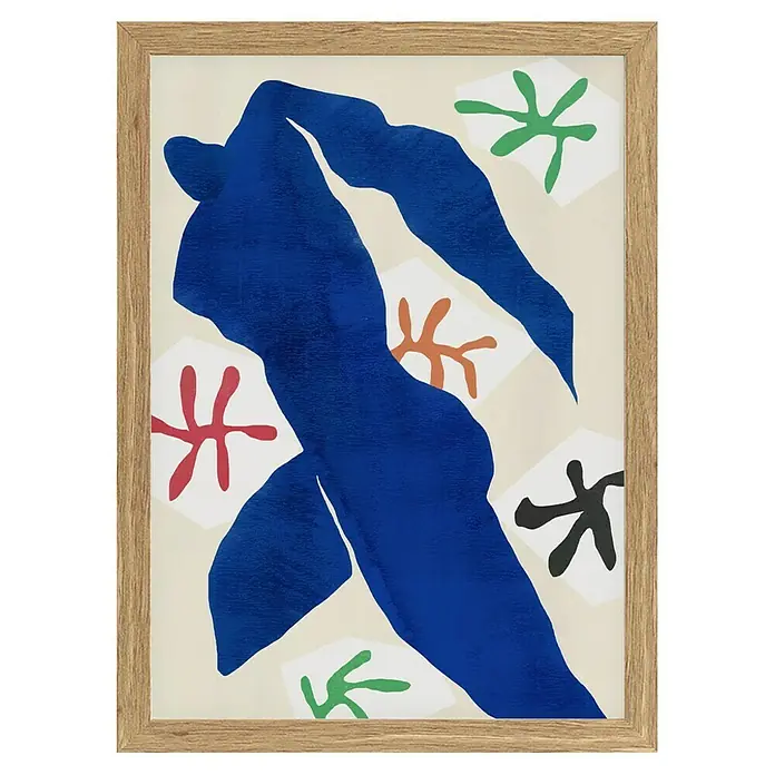 Papermoon Bild - Abstract Blue Figure, B x H: 60 x 80 cm, Ohne Passepartout, Rahmen Eiche - Gerahmtes Kunstwerk mit abstrakter blauer Figur und bunten floralen Elementen auf beigem Hintergrund. Moderne Wanddekoration für stilvolle Innenräume.