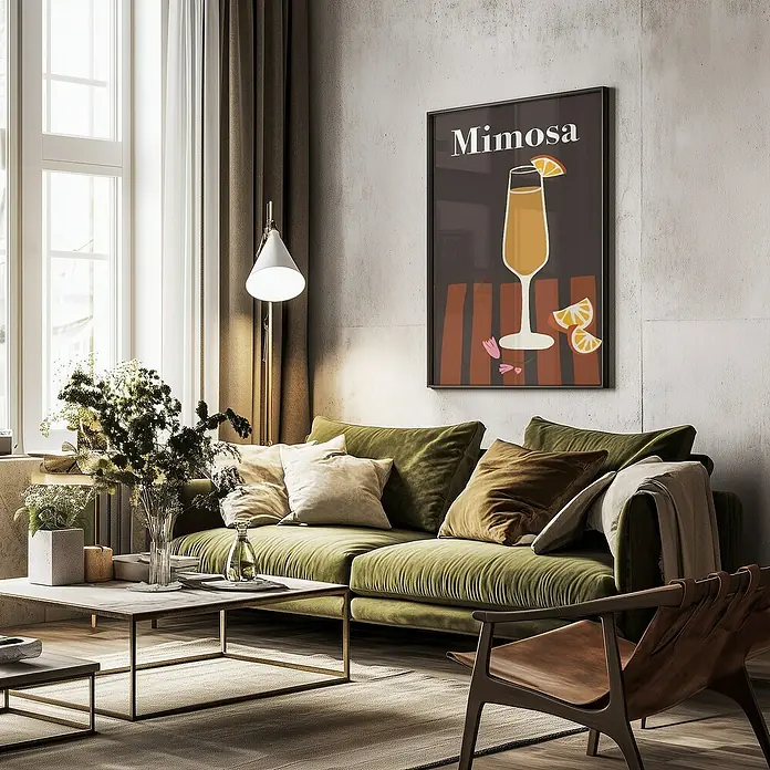 Papermoon Bild - Mimosa, B x H: 60 x 80 cm, Ohne Passepartout, Rahmen Schwarz - Das Wohnzimmer verfügt über ein Mimosa-Poster an der Wand, ein grünes Sofa und einen Couchtisch.