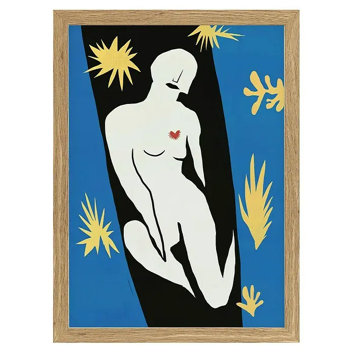 Papermoon Bild - Abstract Figure, B x H: 50 x 70 cm, Ohne Passepartout, Rahmen Eiche - Gerahmtes Kunstwerk von Henri Matisse mit einer stilisierten weißen Figur, umgeben von blauen und schwarzen Flächen, mit dekorativen gelben Elementen.