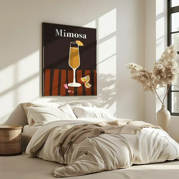 Papermoon Bild - Mimosa, B x H: 60 x 80 cm, Mit Passepartout, Rahmen Eiche - Ein Mimosa-Kunstwerk hängt über einem einladenden Bett mit beigen Farbtönen, das eine entspannte und stilvolle Atmosphäre schafft.