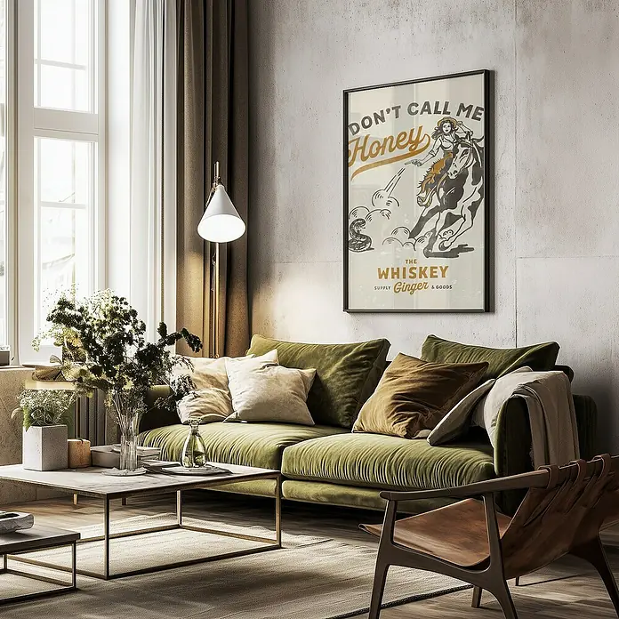 Papermoon Bild - Don´t Honey Print 2, B x H: 60 x 80 cm, Mit Passepartout, Rahmen Schwarz - Wohnzimmer mit olivgrünem Sofa, Couchtisch und gerahmtem Poster mit Aufschrift "Don't call me Honey".