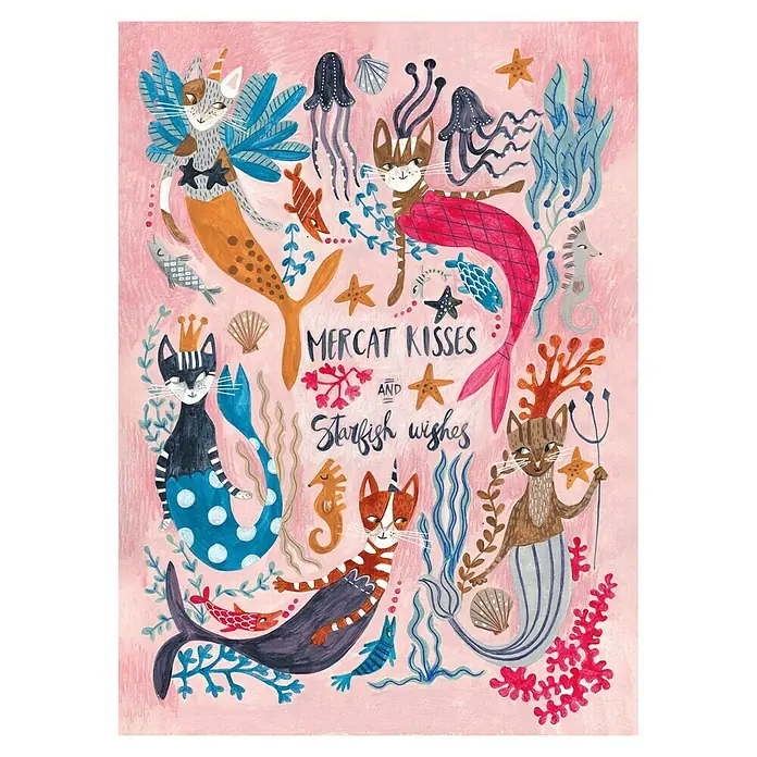 Papermoon Poster - Mercats and Caticorns, B x H: 40 x 50 cm, Ohne Passepartout - Illustration von Meerkatzen-Motiven: Meerjungfrauenkatzen, Seesterne, Quallen und Korallen vor rosa Hintergrund.