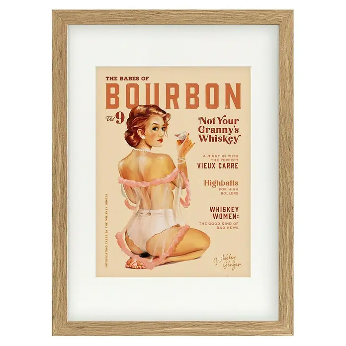 Papermoon Bild - Babes of Boubon Vol. 9, B x H: 70 x 100 cm, Mit Passepartout, Rahmen Eiche - Gerahmtes "The Babes of Bourbon"-Poster, Vol. 9, mit einem Pin-up-Girl, das für Whiskey wirbt.