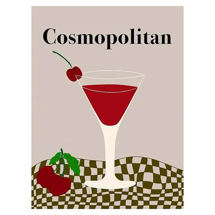 Papermoon Poster - Cosmopolitan, B x H: 60 x 80 cm, Ohne Passepartout - Illustrative Darstellung eines Cosmopolitan-Cocktails mit Kirsche, ideal für Barkarten oder Cocktail-Liebhaber.
