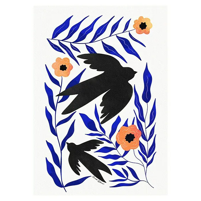 Papermoon Poster - Swallow Flowers, B x H: 50 x 70 cm, Ohne Passepartout - Illustration mit zwei schwarzen Vögeln, blauen Blättern und orangefarbenen Blüten auf weißem Grund.