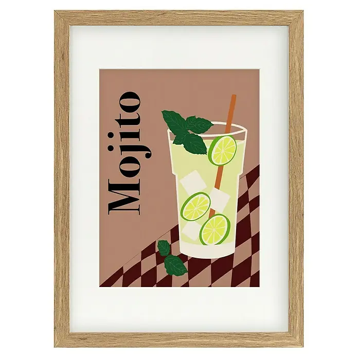 Papermoon Bild - Mojito, B x H: 40 x 50 cm, Mit Passepartout, Rahmen Eiche - Gerahmtes Bild eines erfrischenden Mojitos mit Limetten und Minze, ideal für eine stilvolle Küchendekoration.