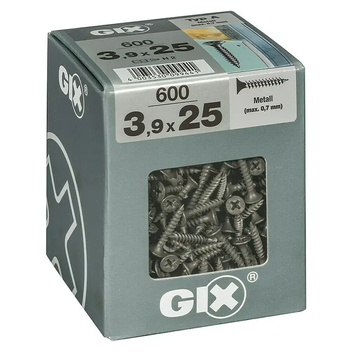 Spax Trockenbauschraube GIX A - Durchmesser: 3,9 mm, Länge: 25 mm, Trompetenkopf, 600 Stk. - Eine Packung GIX-Schrauben, 3,9 x 25 mm, geeignet für Metall bis max. 0,7 mm Stärke. Ideal für diverse Befestigungsarbeiten.