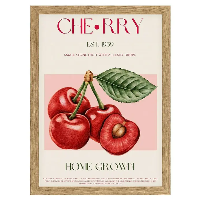 Papermoon Bild - Sweet Red Cherries, B x H: 60 x 80 cm, Ohne Passepartout, Rahmen Eiche - Eingerahmtes Bild mit Kirschmotiv, Aufschrift "Cherry" und dem Text "Home Grown". Dekoratives Wandbild für Küche oder Esszimmer.