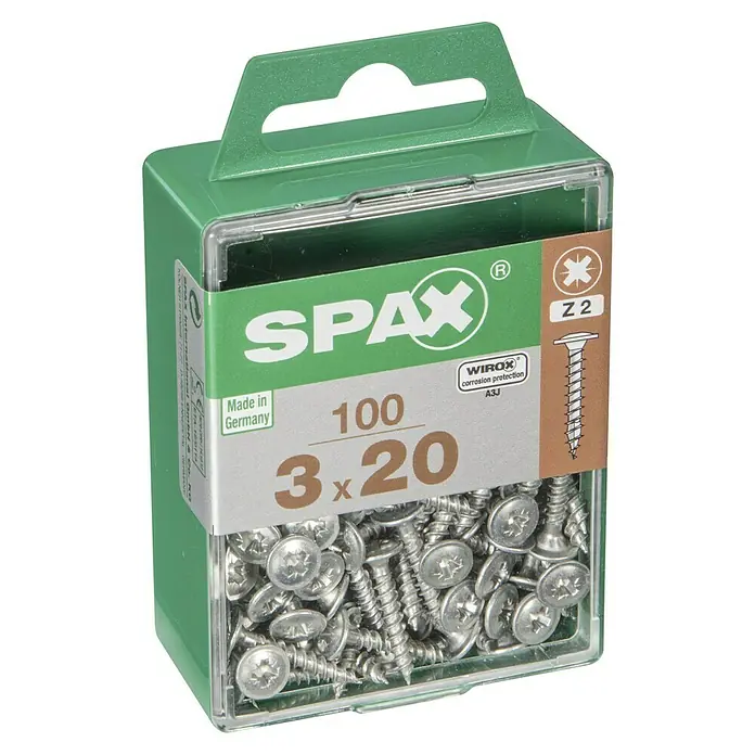 Spax T-Star plus Rückwandschraube - Ø x L: 3 x 20 mm, Verzinkt, 100 Stk., Vollgewinde - Eine Packung Spax-Schrauben, 3x20mm, mit WIROX-Korrosionsschutz und Z2-Antrieb, ideal für vielfältige Anwendungen. Hergestellt in Deutschland.