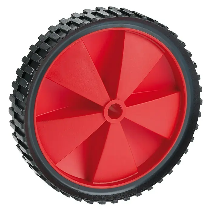 Dörner & Helmer Leichtes Rad - Durchmesser: 150 mm, Traglast: 25 kg, Gleitlager, Stollenprofil - Nahaufnahme eines roten Rades mit schwarzem Reifen, ideal für Gartenarbeit oder Bauprojekte. Robust und langlebig für vielseitige Anwendungen.
