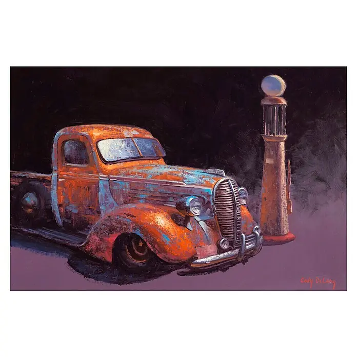 Papermoon Poster - Rusted Pickup Truck, B x H: 100 x 70 cm, Ohne Passepartout - Lackverwitterter Oldtimer-Truck in Rostorange neben einer Zapfsäule. Ein Gemälde, das Nostalgie und den Charme vergangener Zeiten einfängt.