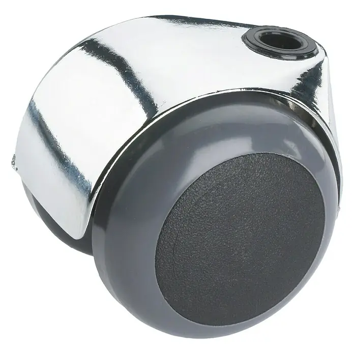 Dörner & Helmer Doppelrolle - Durchmesser: 50 mm, Traglast: 50 kg, Gleitlager - Nahaufnahme einer Bürostuhlrolle mit verchromter Halterung und grauer Rolle mit schwarzem Einsatz für reibungslose Mobilität.