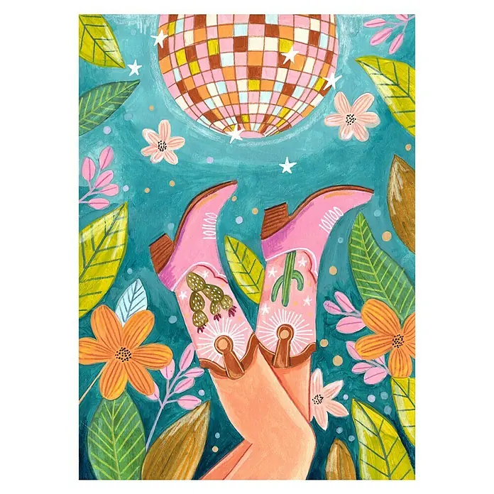 Papermoon Poster - Boots and Disco, B x H: 40 x 50 cm, Ohne Passepartout - Illustration mit rosa Cowboystiefeln, Kakteenmotiven und einer Discokugel, umgeben von Blumen und Blättern auf türkisfarbenem Grund.