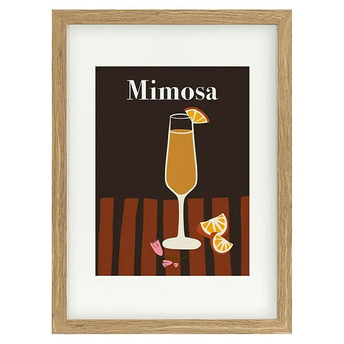 Papermoon Bild - Mimosa, B x H: 60 x 80 cm, Mit Passepartout, Rahmen Eiche - Gerahmtes Mimosa-Poster mit einem stilisierten Sektglas, Orangenscheiben und dem Schriftzug "Mimosa" auf dunklem Hintergrund.