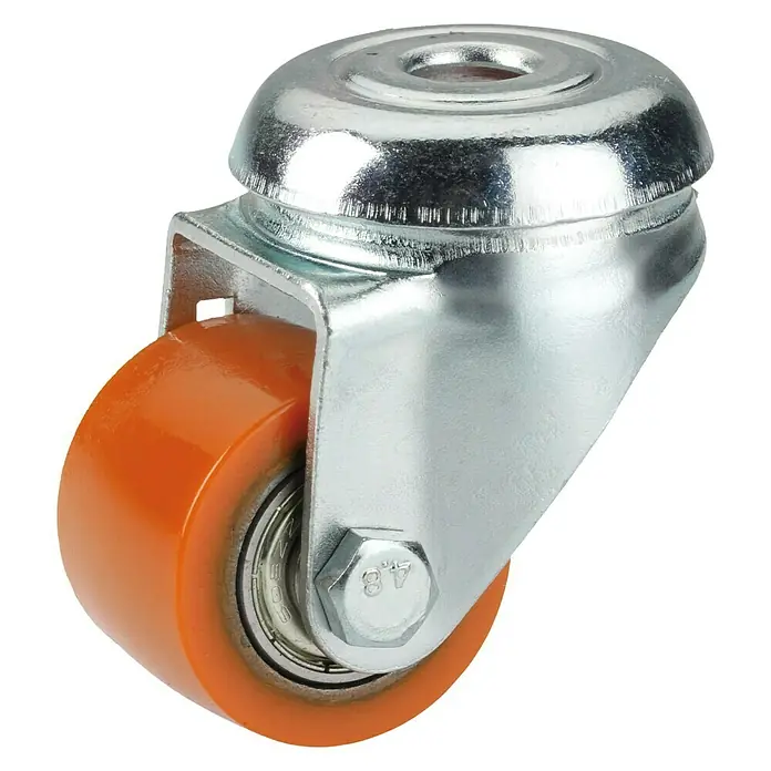 Dörner & Helmer Schwerlastrolle - Durchmesser Rollen: 35 mm, Traglast: 100 kg, Kugellager, Mit Rückenloch - Nahaufnahme einer Lenkrolle mit orangefarbenem Rad und silberfarbener Metallhalterung auf schwarzem Hintergrund.