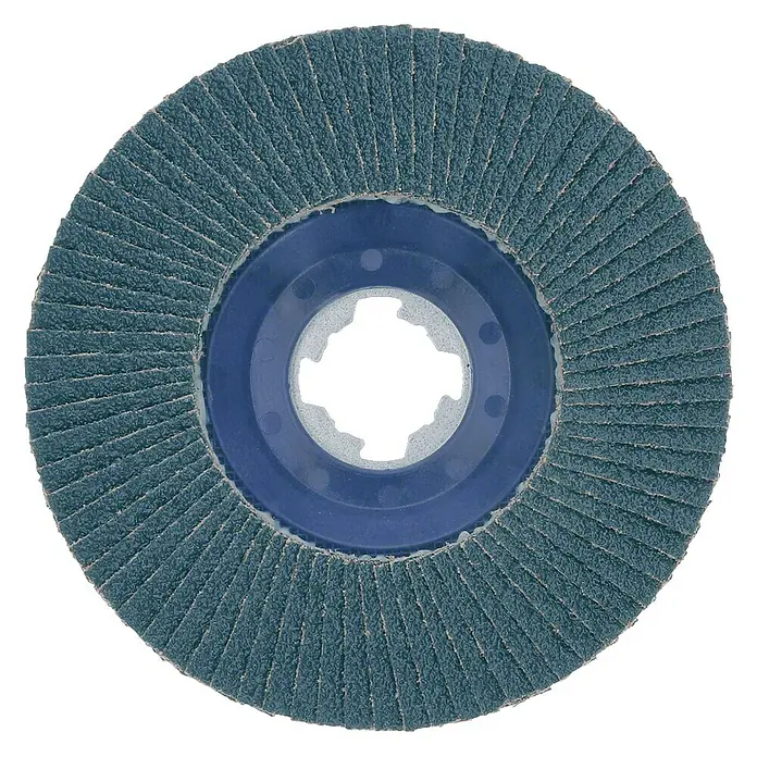 Bosch Professional X-Lock Disco de corte X571 Best for Metal - Disco de abanico, Apto para: Metal, Diámetro disco: 125 mm, Grano: 120, 1 ud. - Imagen de un disco de lijar con estructura laminar y un núcleo azul sobre un fondo negro.
