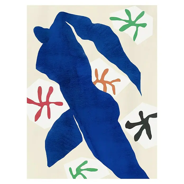 Papermoon Poster - Abstract Blue Figure, B x H: 80 x 110 cm, Ohne Passepartout - Lebendige abstrakte Kunstwerke mit einer blauen menschlichen Figur und farbigen Formen auf beigem Hintergrund, die visuelle Anziehungskraft erzeugen.