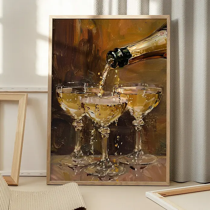 Papermoon Bild - Vintage Champagne, B x H: 50 x 70 cm, Ohne Passepartout, Rahmen Eiche - Ein gerahmtes Gemälde, das Sektgläser zeigt, die mit Champagner gefüllt werden, wodurch ein festliches und elegantes Ambiente entsteht.