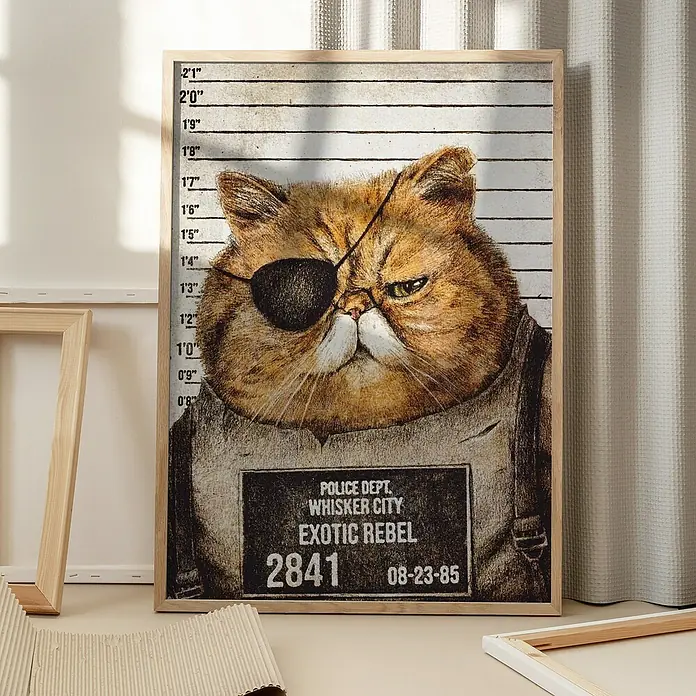 Papermoon Bild - Funny Cat, B x H: 40 x 50 cm, Mit Passepartout, Rahmen Eiche - Ein gerahmtes Poster mit einem witzigen Katzendesign, das eine "Exotic Rebel" Katze im Polizeiregister zeigt.