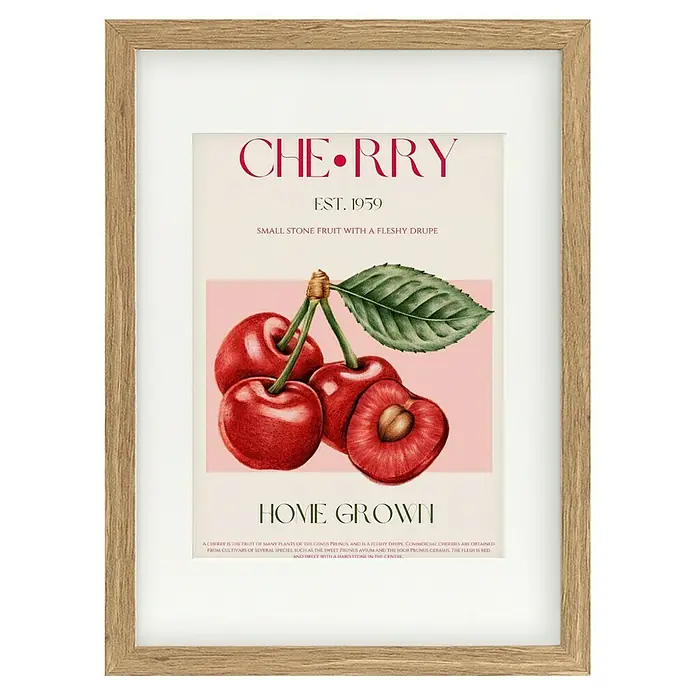 Papermoon Bild - Sweet Red Cherries, B x H: 70 x 100 cm, Mit Passepartout, Rahmen Eiche - Gerahmtes Wandbild mit Kirschmotiv, Aufschrift "Cherry Est. 1959, Home Grown", ideal als Dekoration für Küche oder Esszimmer.