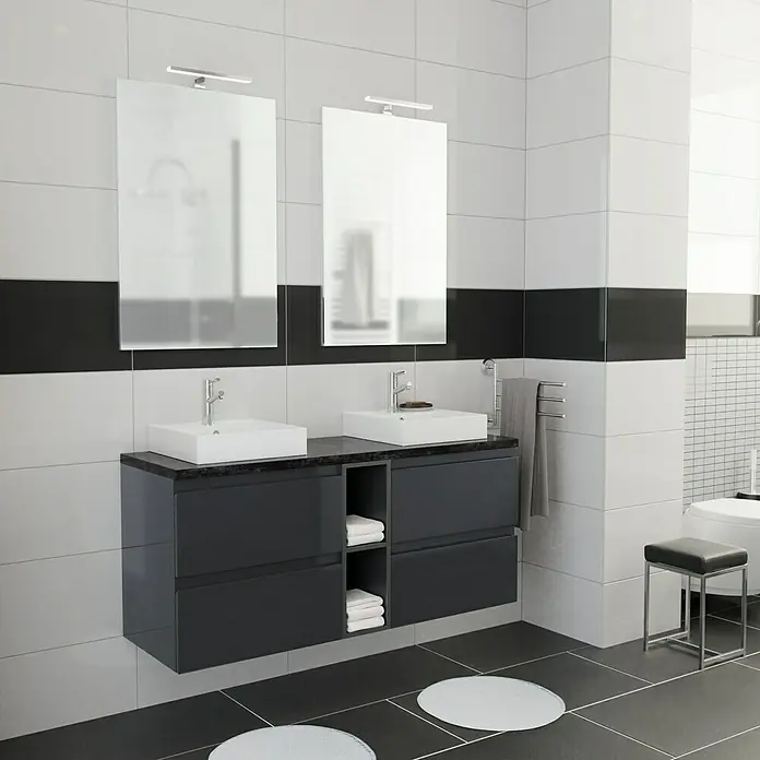 Camargue Espacio Badmöbel-Set M15 - 140 cm, Gama anthrazit glänzend - Elegantes Badezimmer-Interieur mit Doppelwaschtisch, Spiegeln und stilvoller Beleuchtung, das modernes Design und Funktionalität vereint.