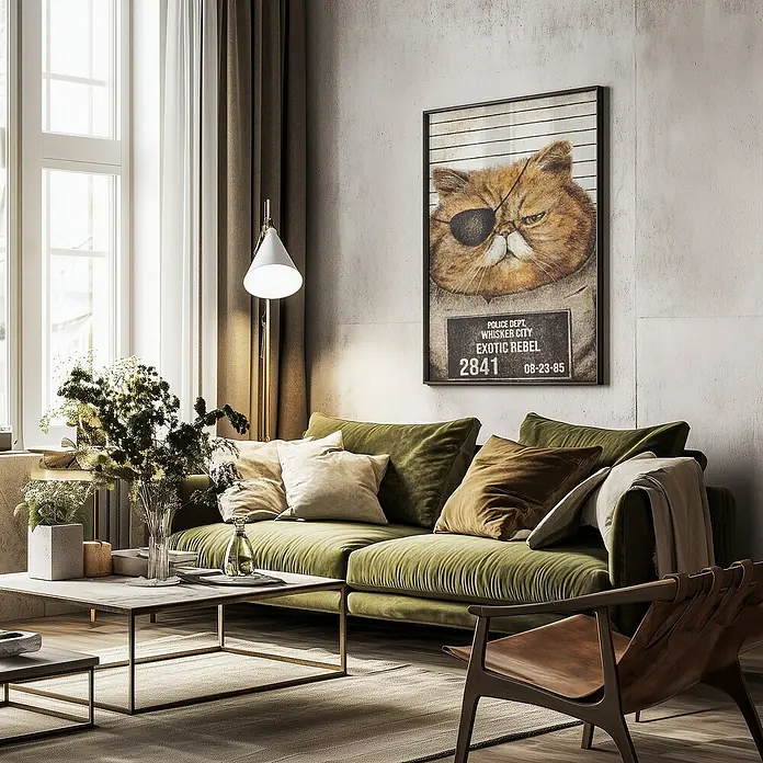 Papermoon Bild - Funny Cat, B x H: 40 x 50 cm, Ohne Passepartout, Rahmen Schwarz - Wohnzimmer mit grünem Sofa, Holzsessel, Couchtisch und einem gerahmten Bild einer Katze mit Augenklappe an der Wand.