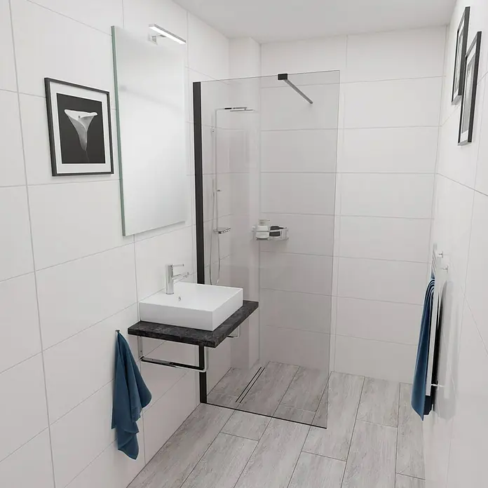 Camargue Espacio Waschtischplatte - 60 x 46 x 3,2 cm, Metallic - Das Badezimmer verfügt über eine moderne Dusche, einen Waschtisch mit dunkler Platte und stilvolle Details wie Spiegel und Handtücher.