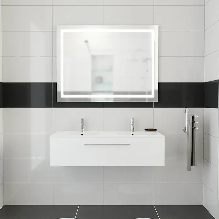 Camargue Espacio Badmöbel-Set K11 - 120 cm, Mira - Badezimmer mit weißem Waschtischunterschrank, LED-Spiegel und Handtuchhalter. Moderne Badgestaltung mit stilvollen Elementen für ein elegantes Ambiente.
