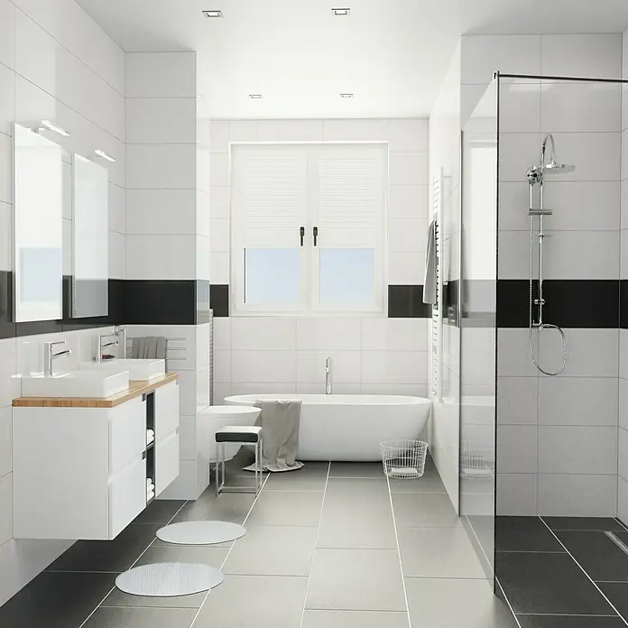 Camargue Espacio Waschtischunterschrank - 60 x 46 x 60 cm, 2 Schubkästen, Gama weiß matt - Helles Badezimmer mit weißer Badewanne, Waschtisch und Dusche. Die grauen und weißen Fliesen erzeugen ein modernes Ambiente.
