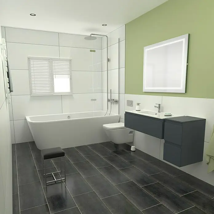 Camargue Espacio Badmöbel-Set L4 - 130 cm, Gama anthrazit matt - Badezimmer-Interieur mit Badewanne, Toilette und modernem Waschtisch in Grau, ergänzt durch einen beleuchteten Spiegel. Stilvolles Design für Ihr Zuhause!