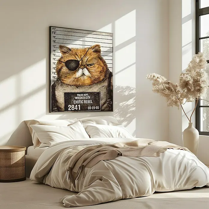 Papermoon Bild - Funny Cat, B x H: 40 x 50 cm, Mit Passepartout, Rahmen Eiche - Ein Schlafzimmer mit einem Bett und einem Wandbild eines Katers mit Augenklappe im Polizeifoto-Stil.