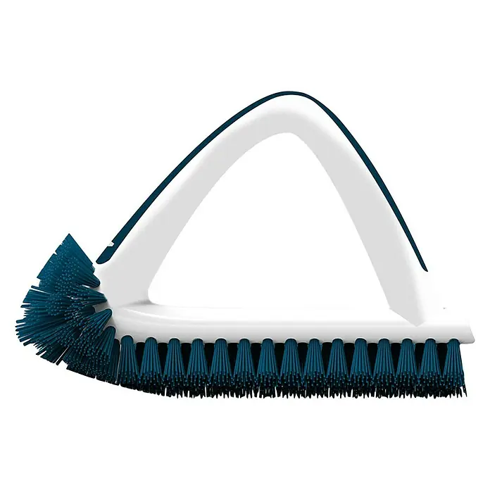 Unger Eckreinigungsbürste - Länge: 20 cm, Material Borsten: Nylon - Nahaufnahme einer weißen Fugenbürste mit blauen Borsten. Ideal zum Reinigen von Bad und Küche.