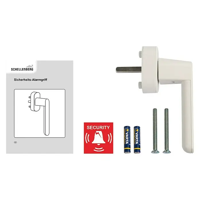 Schellenberg Manilla de ventana con alarma - Blanco, 115 dB - La imagen muestra una manija de alarma de seguridad Schellenberg, junto con accesorios como tornillos, baterías y un aviso de seguridad.