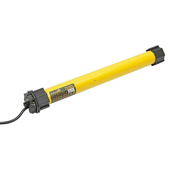 Schellenberg Motor tubular Maxi Standard - Superficie de persiana enrollable máx.: 6,2 m² para persianas de plástico, Longitud de instalación: 500 mm, Fuerza de tracción: 25 kg - Un motor tubular amarillo Schellenberg Rollopower 45 Standard 15 para persianas enrollables, con cable negro y topes.